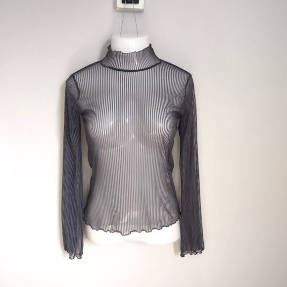 Oak + Fort Gray Sheer Wavy Lettuce Hem Highneck Blouse OS - Picture 2 of 11